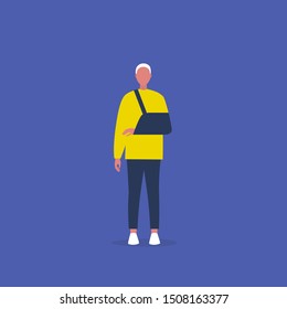Young character with a broken hand wearing a sling. Rehabilitation. Medical care. Health. Therapy. Clinic. Insurance. Flat editable vector illustration, clip art