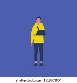 Young character with a broken hand wearing a sling. Rehabilitation. Medical care. Health. Therapy. Clinic. Insurance. Flat editable vector illustration, clip art