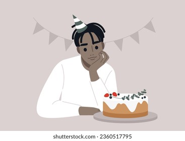 A young character, chin in hand, ponders a birthday cake, feeling a mix of emotions – sadness and excitement – about aging