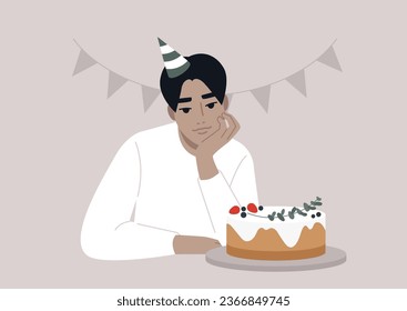 Un personaje joven, que cuelga en la mano, reflexiona sobre una tarta de cumpleaños, sintiendo una mezcla de emociones -tristeza y emoción- sobre el envejecimiento