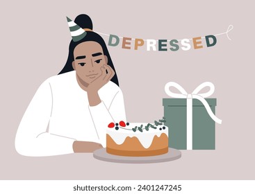 A young character, chin in hand, ponders a birthday cake and a present, feeling anxious about aging