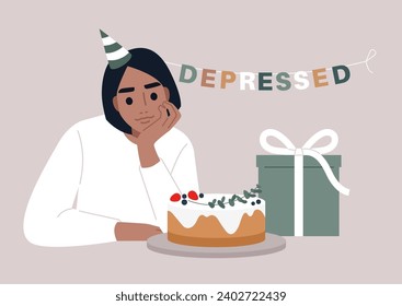 A young character, chin in hand, ponders a birthday cake and a present, feeling anxious about aging