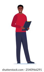 Young character with clipboard standing isolated on white background. Black man introduce, show and present something. Business speaker standing with clipboard. Male presenter. Vector illustration