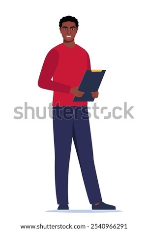 Young character with clipboard standing isolated on white background. Black man introduce, show and present something. Business speaker standing with clipboard. Male presenter. Vector illustration