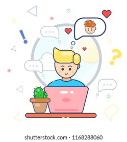 Young character cute smile gay using laptop with with thought of his boyfriend, send likes. Flat line vector illustration. Relaxing at home, typing documents, chatting with lover. LGBT, millennial