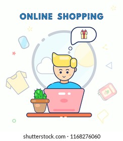 Young character cute smile man using laptop with idea of buying. Sale, consumerism, people concept. Online shopping. Shop online. M-Commerce. Computer, table, products. Flat line vector illustration.