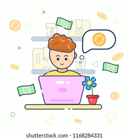 Young character cute smile trader using laptop with idea buying or selling currency. Man sit work at home. Flat line vector illustration. Businessman mine Ethereum. Cryptocurrency exchange. Bitcoin