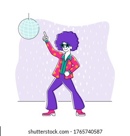 Young Character Dancing on Disco Party. Man in Fashioned Retro Clothing and Hairstyle Celebrating Holiday, Spending Time Moving to Music Rhythm, Happy Leisure and Sparetime. Linear Vector Illustration