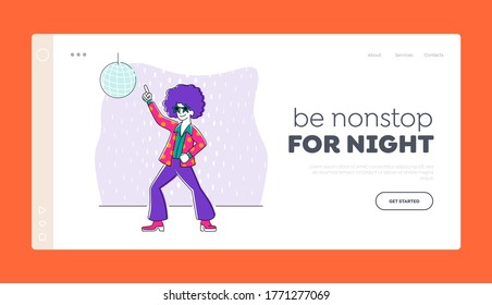 Young Character Dancing on Disco Party Landing Page Template. Man in Fashioned Retro Clothing and Hairstyle Spend Time Moving to Music Rhythm, Happy Leisure and Sparetime. Linear Vector Illustration