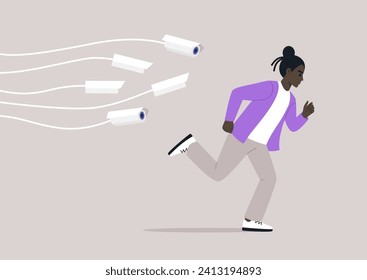 A young character darting through the urban landscape, pursued by the invasive gaze of omnipresent CCTV cameras, a chilling reminder of the encroachment upon privacy in our modern society