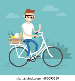 Young character delivering food by bicycle. flat editable vector illustration, clip art