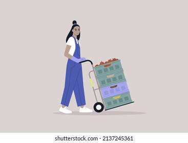 A young character in a denim overall pushing a cargo cart with vegetable and fruit crates stacked  on it
