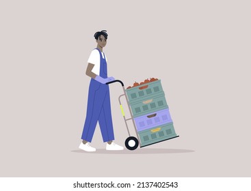 A young character in a denim overall pushing a cargo cart with vegetable and fruit crates stacked  on it