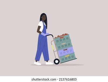 A young character in a denim overall pushing a cargo cart with vegetable and fruit crates stacked  on it