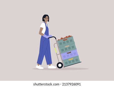 A young character in a denim overall pushing a cargo cart with vegetable and fruit crates stacked  on it