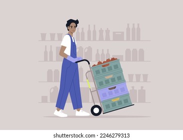 A young character in denim overalls pushing a cart with a stack of crates, supermarket jobs