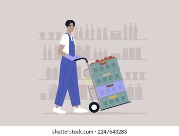 A young character in denim overalls pushing a cart with a stack of crates, supermarket jobs