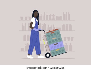 A young character in denim overalls pushing a cart with a stack of crates, supermarket jobs