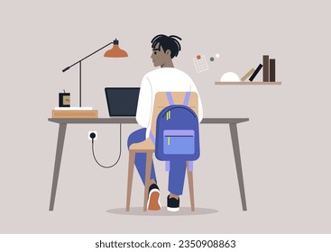 A young character diligently using their computer at a desk, viewed from behind