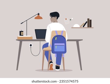Un personaje joven que utiliza diligentemente su ordenador en un escritorio, visto desde atrás