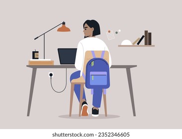 A young character diligently using their computer at a desk, viewed from behind
