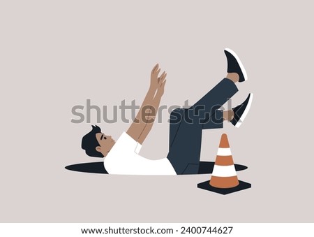 A young character disregarding an orange cone and falling into an open manhole, a cautionary image about ignoring warning signs