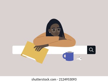 A young character doing an online research for their paper, education and technology