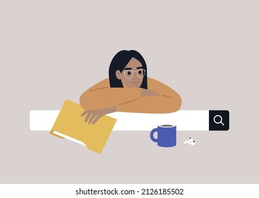 A young character doing an online research for their paper, education and technology