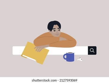 A young character doing an online research for their paper, education and technology