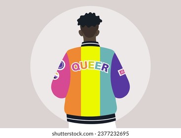 A young character donning a bomber jacket designed to show support for the LGBTQ community, adorned with the vibrant colors of the pride flag and embellished with patches and pins endorsing tolerance