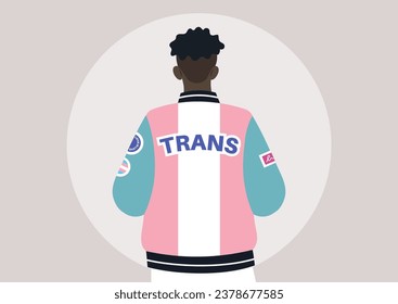 A young character donning a bomber jacket designed to show support for the LGBTQ community, adorned with the vibrant colors of the pride flag and embellished with patches and pins endorsing tolerance