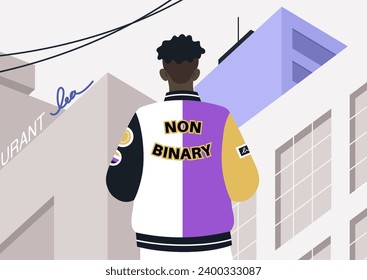 A young character donning a bomber jacket designed to show support for the LGBTQ community, adorned with the vibrant colors of the pride flag and embellished with patches and pins endorsing tolerance
