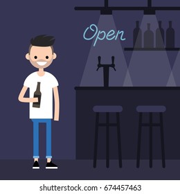 Young character drinking beer in a bar / flat editable vector illustration, clip art