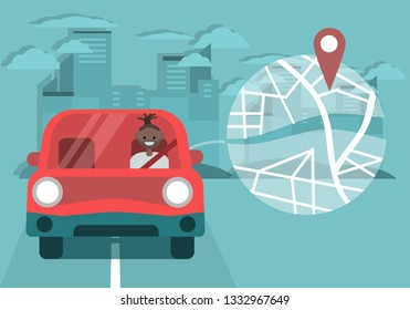 Young character driving a car and using a navigational app. Map and geo tag on city background.Flat cartoon design.Clip art