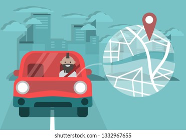 Young character driving a car and using a navigational app. Map and geo tag on city background.Flat cartoon design.Clip art