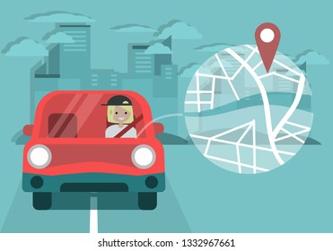 Young character driving a car and using a navigational app. Map and geo tag on city background.Flat cartoon design.Clip art