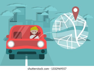 Young character driving a car and using a navigational app. Map and geo tag on city background.Flat cartoon design.Clip art