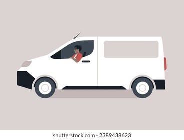 Un joven personaje que conduce una camioneta con panel en una vista lateral, un típico vehículo de servicio de mensajería usado para entregar paquetes y correo