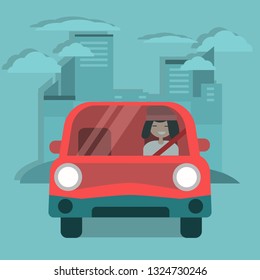 Young character driving a red car. Urban lifestyle. Flat cartoon illustration, clip art