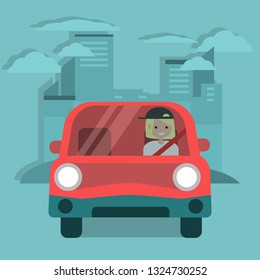 Young character driving a red car. Urban lifestyle. Flat cartoon illustration, clip art