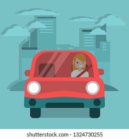 Young character driving a red car. Urban lifestyle. Flat cartoon illustration, clip art