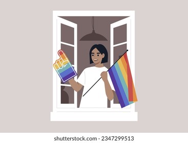 Un personaje joven que emerge de una ventana abierta, con vibrantes accesorios LGBTQ en sus manos, simbolizando un paso significativo en su viaje de abrazarse a su auténtico yo