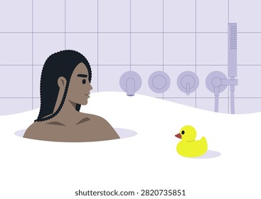 A young character enjoys a serene bath surrounded by elegant, modern fixtures and soft, fluffy bubbles, The atmosphere radiates calmness in a chic bathroom setting.