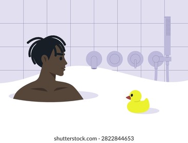 A young character enjoys a serene bath surrounded by elegant, modern fixtures and soft, fluffy bubbles, The atmosphere radiates calmness in a chic bathroom setting.