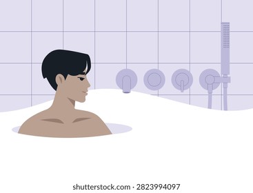 A young character enjoys a serene bath surrounded by elegant, modern fixtures and soft, fluffy bubbles, The atmosphere radiates calmness in a chic bathroom setting.