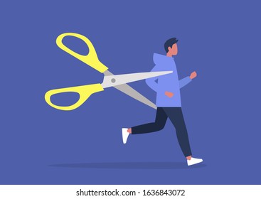 Young character escaping from the office reduction, HR, scared manager haunted by huge scissors