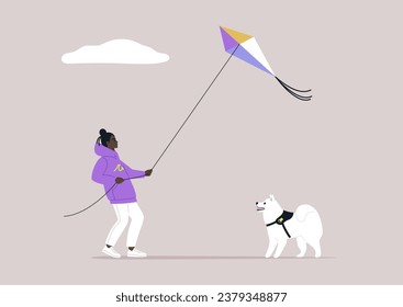 Un personaje joven volando una cometa en un día ventoso mientras disfruta de un buen momento con su cachorro Samoyed