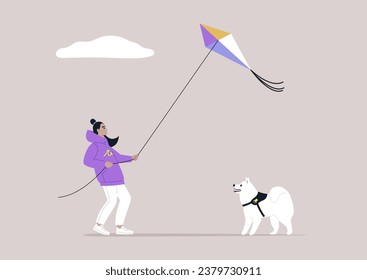 A young character flying a kite on a windy day while enjoying quality time with their Samoyed puppy
