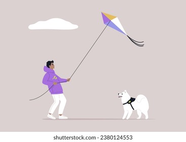 A young character flying a kite on a windy day while enjoying quality time with their Samoyed puppy