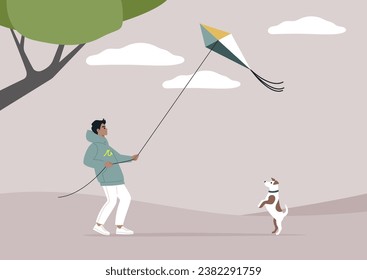 A young character flying a kite on a windy day while enjoying quality time with their jack russel puppy